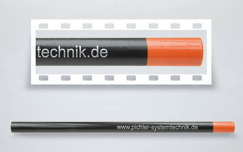 oval carpenter pencil, black lacquered, with orange lacquered cap and silver imprint
